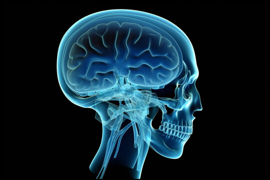 MRI magnetic resonance image of a human head with skeleton, blue, view from the side
