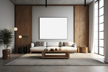 3d style of modern living room with white sofa and coffee table, decorative wall with embossed panels, carpet on concret floor. Frame mockup. Generative Ai.