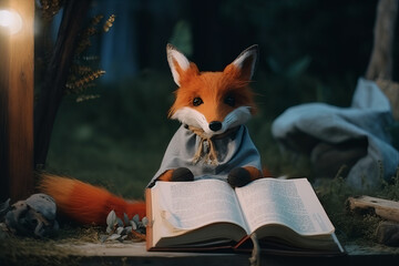 A cute fox reading a book in a cozy place