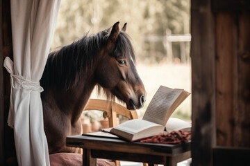 Cute horse reading a book outside