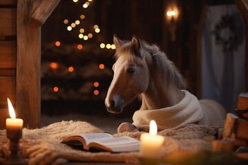 A cute horse reading a book in a cozy place