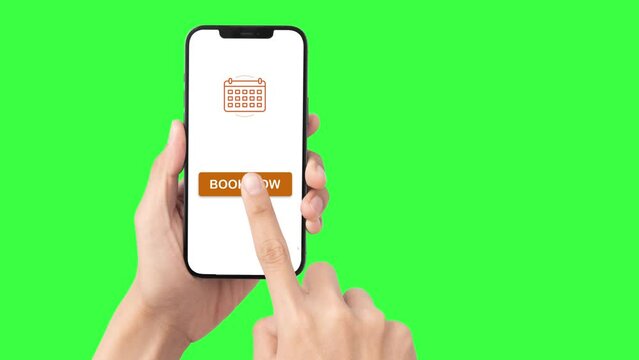 Man Hand Booking From Mobile Phone with the Book Now Button. online Booking  Concept. Chroma key with copy space 	