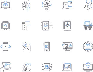 Innovation management outline icons collection. Strategy, Creativity, Planning, Design, Technology, Commercialization, Leadership vector and illustration concept set. Process, Intellectual, Investment