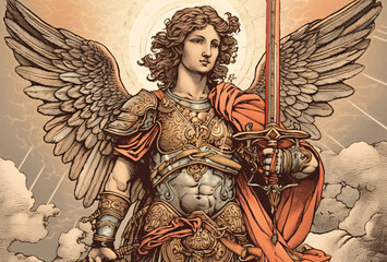 St. Michael the Archangel Illustration. Archangle Saint Michael. Generative Ai. Protection and Defense Symbol. - obrazy, fototapety, plakaty