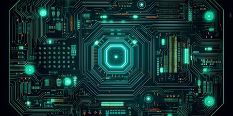 Fototapeta premium Central Computer Processors CPU concept. Motherboard Circuit board digital chip. Tech science background. Quantum processor. Generative ai