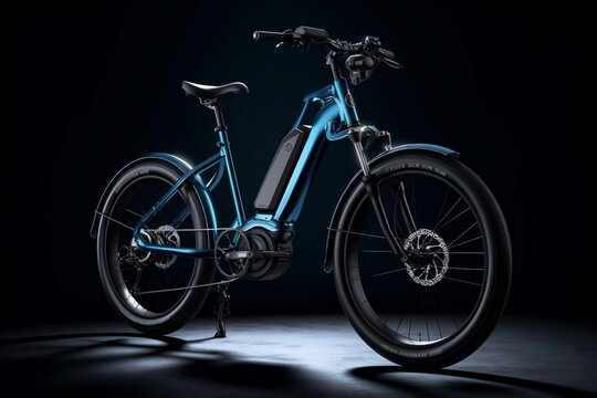 blue modern mid drive motor e bike pedelec with electric engine middle mount. battery powered ebike isolated white background. Innovation transportation concept. Generative AI