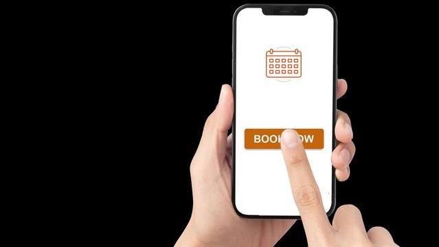 Man Hand Booking From Mobile Phone with the Book Now Button. online Booking  Concept. alpha channel with copy space 	