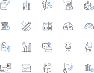 Business office outline icons collection. Office, Business, Building, Desk, Suite, Chair, Computer vector and illustration concept set. Furniture, Printer, Meeting linear signs