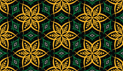 Fototapeta premium Geometric ethnic pattern seamless flower color oriental. seamless pattern.Design for fabric,curtain,black background, carpet, shawl,clothing,wrapping, Batik,fabric,handkerchief,Vector illustration.