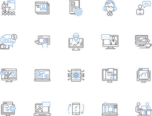 Online business outline icons collection. Ecommerce, Storefront, Digital, Merchandise, Marketplace, Advertising, Services vector and illustration concept set. Platforms, Retailing, Payment linear
