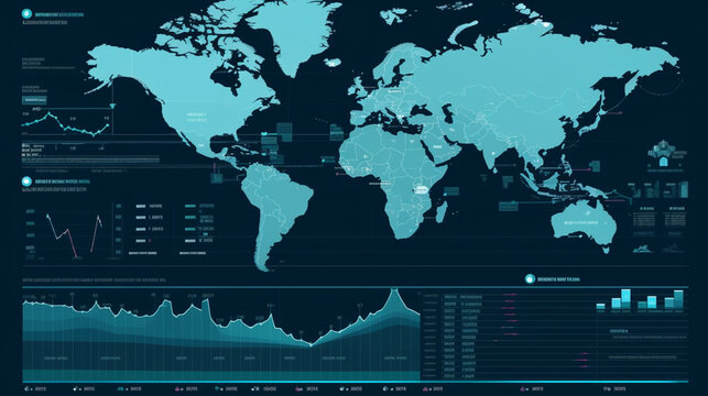 Stock market infographic. Financial data visualization. World map. Vector illustration Generative AI