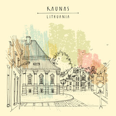Vector Kaunas, Lithuania, Europe touristic postcard. Old town beautiful heritage buildings, street. Lithuanian travel sketch, line drawing, engraving. Vintage hand drawn artistic poster, greeting card