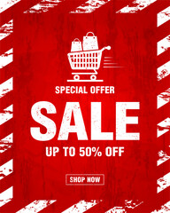 Special offer sale 50% off discount, grunge design style red banner