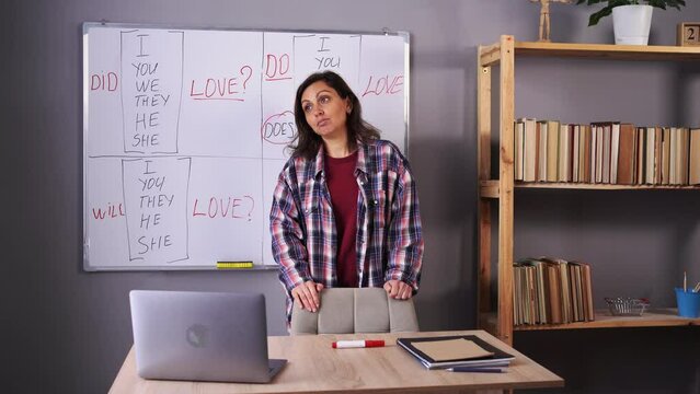 Modern education remotely. Latin woman standing near blackboard and explains rules of english online teach her students using laptop.