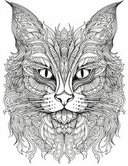 Beautiful cat illustration for coloring book, intricate ink lines, black and white -Generative Ai