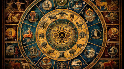 Fototapeta na wymiar astrology, Astronomical clock close-up. Zodiac signs Generative AI