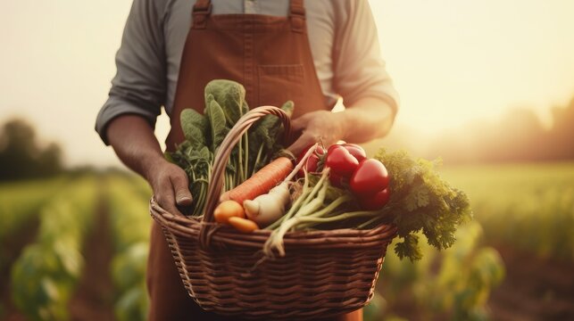 A close-up of a farmer holding a basket of freshly harvested vegetables.
