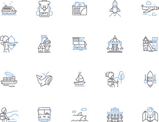 Traveling people outline icons collection. Travellers, Voyagers, Roamers, Explorers, Adventurers, Wanderers, Journeyers vector and illustration concept set. Globetrotters,Vagabonds,Backpackers linear - obrazy, fototapety, plakaty