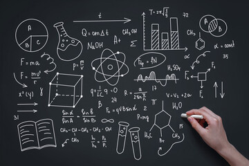Blackboard with hand written scientific formulas and math calculations. Science and education...
