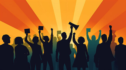 Silhouettes of people protesting with a megaphone. Vector illustration.