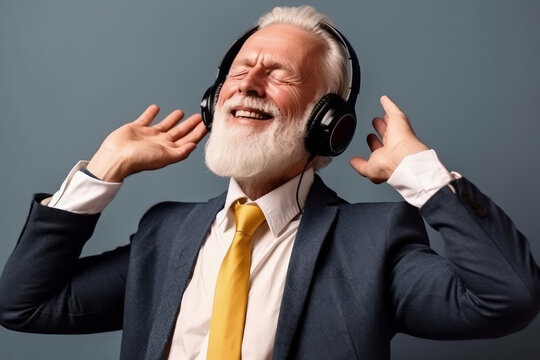 senior man in suit, enjoying listening to music with modern headphones , eyes closed. Smiling with raised hands. Generative AI
