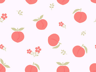 Seamless pattern of peach fruit with green leaves on pink background vector illustration.