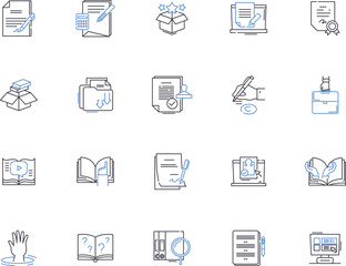 Book outline icons collection. Novel, Reading, Fiction, Textbook, Story, Library, Magazine vector and illustration concept set. Comic, Guide, Manual linear signs