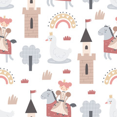 Seamless pattern with cartoon princess, swan, rainbow,  decorative elements. Flat style colorful vector illustration for kids. hand drawing. baby design for fabric, textile, print, wrapper.