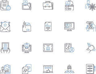 Presentation outline icons collection. Presentation, Speech, Slideshow, Demonstration, Exposition, Talk, Lecture vector and illustration concept set. Introduction, Performance, Address linear signs