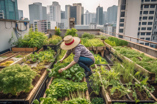 City Rooftop Garden: A Resident Tending to Their Urban Green Space. Generative AI