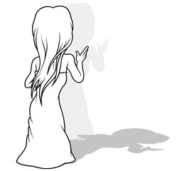 Drawing of a Fairy with Long Hair in a Dress from Rear View