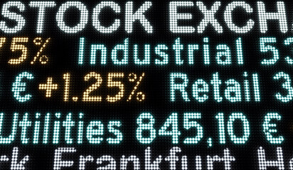 Stock market and exchange ticker. Screen with stock market data, price informations and percentage signs. Business, trading, information, LED board, corporate news and investment. 3d illustration