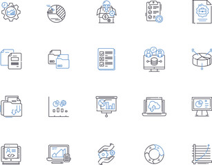 Data outline icons collection. Data, Digital, Analytics, Intelligence, Records, Information, Knowledge vector and illustration concept set. Storage, Tabular, Structured linear signs - obrazy, fototapety, plakaty