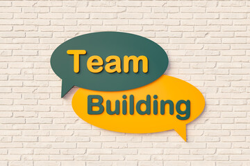 Fototapeta na wymiar Team building - Cartoon speech bubble. Online chat bubble, text in yellow and dark green against a brick wall. Business, motivation, teamwork, strategy, together and inspiration. 3D illustration