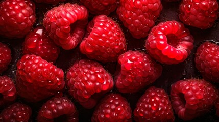 Fresh healthy & organic red raspberries with drops of water. From above. Close up. Macro. Greens. Food magazine. Food Design. Close up of red raspberries. Fruit. Generative AI.