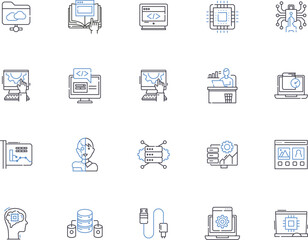 Web programming outline icons collection. Web, programming, HTML, CSS, JavaScript, AJAX, XML vector and illustration concept set. PHP, MySQL, JQuery linear signs