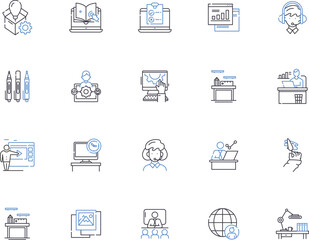 Workshop outline icons collection. Workshop, Training, Seminar, Education, Conference, Skill, Class vector and illustration concept set. Craft, Symposium, Tutoring linear signs