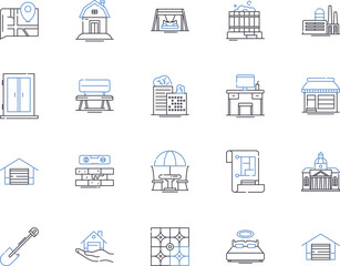 Remodeling and renovation outline icons collection. Remodelling, Renovation, Refurbishment, Reconstruction, Redesign, Restoration, Updating vector and illustration concept set. Modernizing