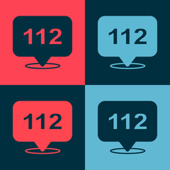 Pop art Telephone with emergency call 112 icon isolated on color background. Police, ambulance, fire department, call, phone. Vector