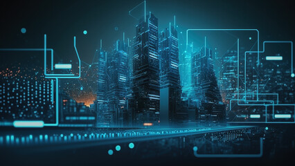 Fototapeta na wymiar Digital technology blue banner with city background 02 generative ai