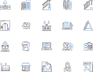 Household outline icons collection. Home, Furnishing, Appliances, Cleaning, Decor, Storage, Electronics vector and illustration concept set. Plumbing, Equipment, Lighting linear signs