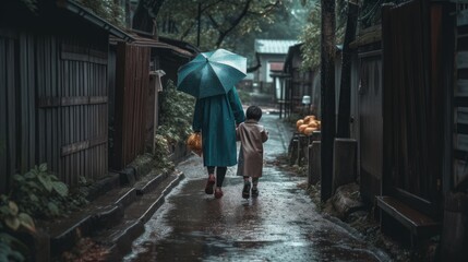 Mother and Child walking in the rain, mother's day background