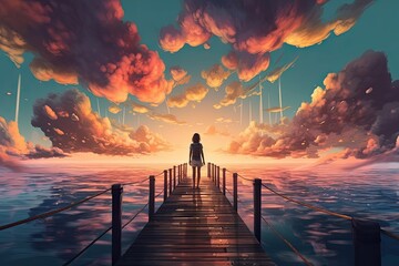 Beautiful scenery of the woman standing alone on a wooden pier looking at colorful clouds in the sky, fantasy, anime - generative ai