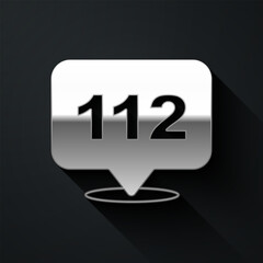 Silver Telephone with emergency call 911 icon isolated on black background. Police, ambulance, fire department, call, phone. Long shadow style. Vector