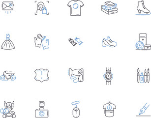 Production outline icons collection. Production, Manufacturing, Factory, Output, Construct, Fabricate, Create vector and illustration concept set. Assemble, Forge, Extrude linear signs