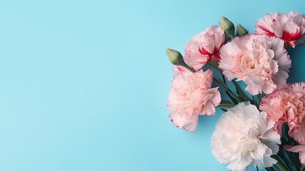 Carnation flowers on blue background with copy space 