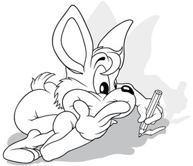 Drawing of a Bunny Lying on the Ground and Drawing with a Crayon