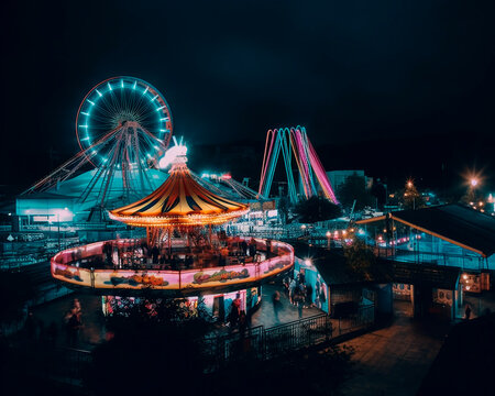 generative ai illustration of ring game, amusement park at night in motion