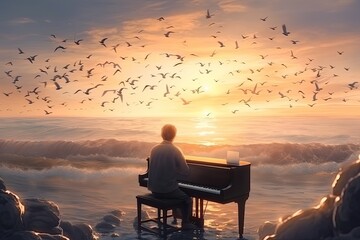 Digital art of a man playing beautiful piano melodies for a crown of seagulls at sunset on a beach, fantasy, anime - generative