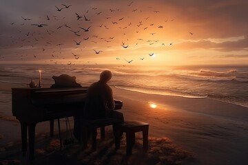 Fototapeta na wymiar Digital art of a man playing beautiful piano melodies for a crown of seagulls at sunset on a beach, fantasy, anime - generative